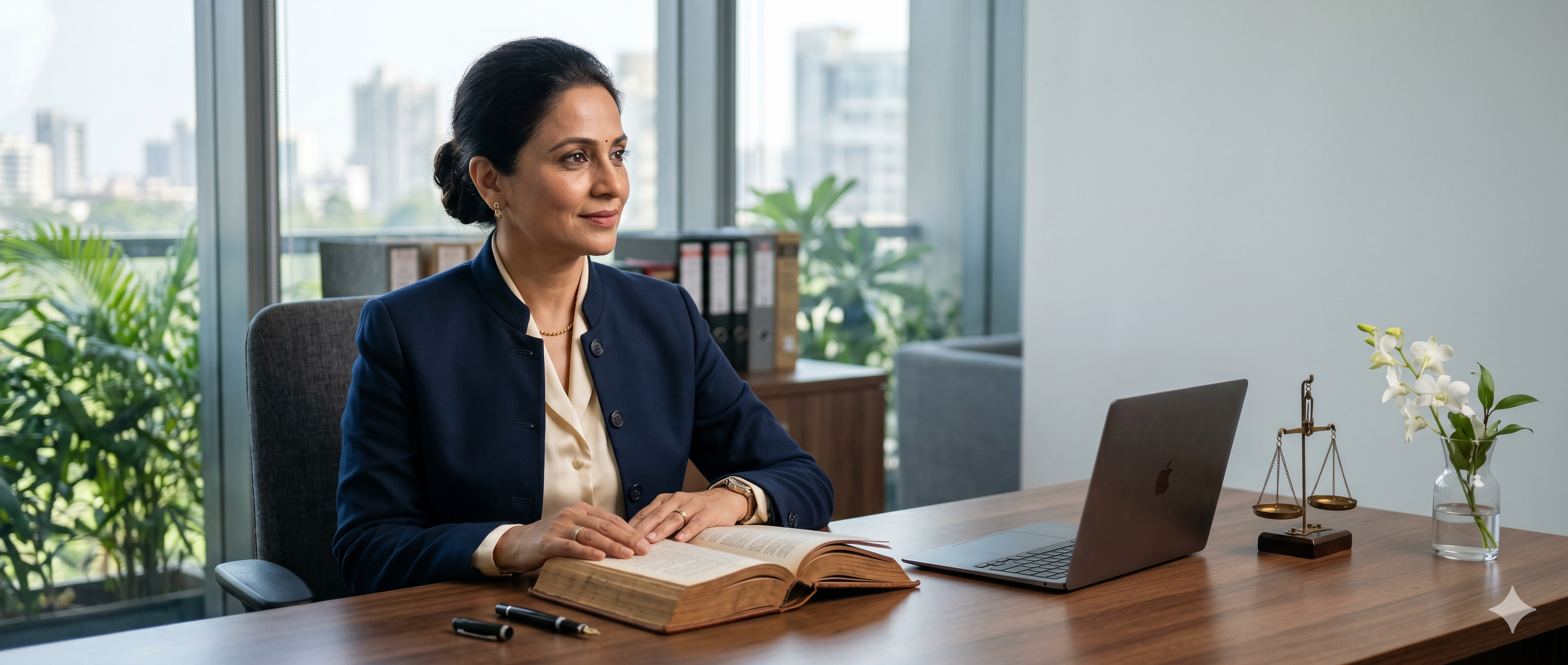 A senior advocate at her desk in a contemporary law office