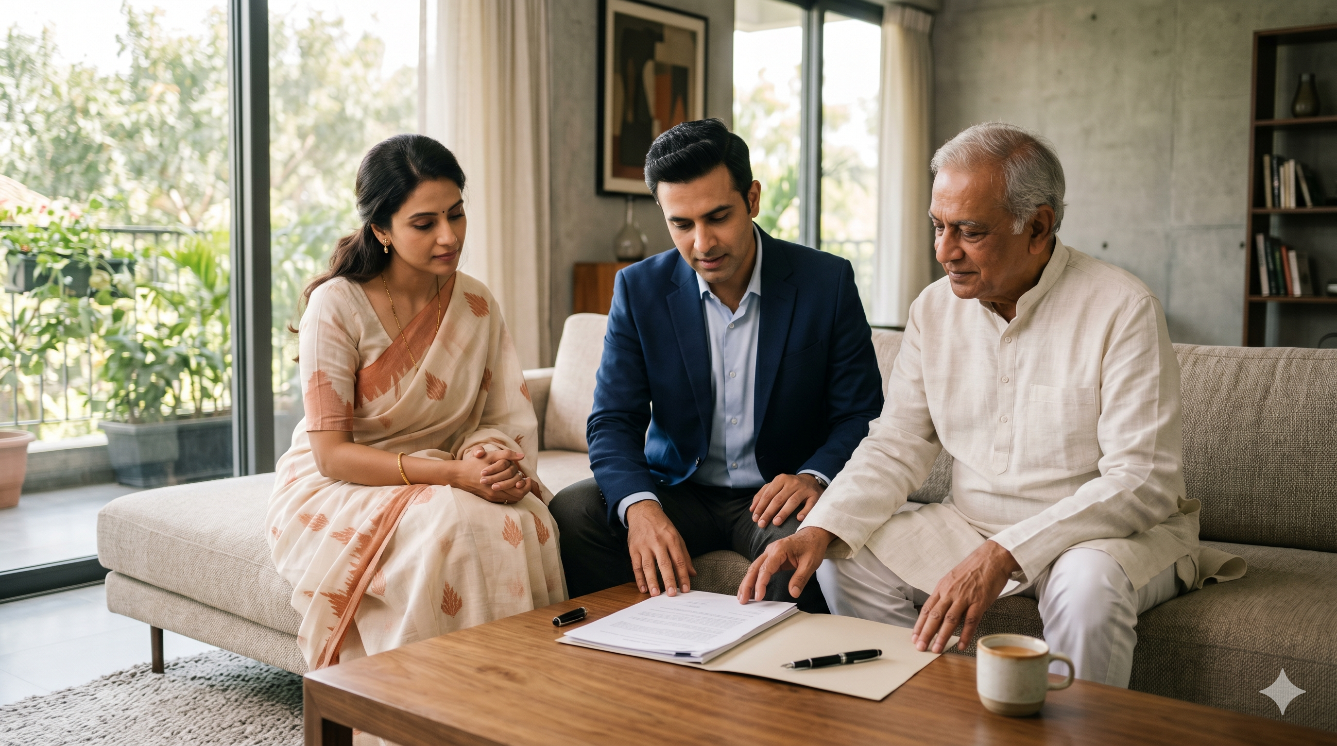 Three generations of an family reviewing legal documents at home