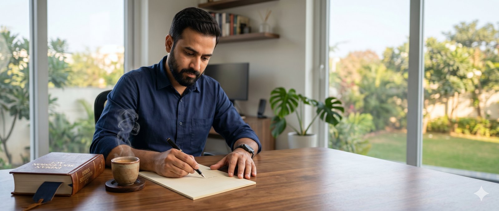 A person at a desk drafting their Will with a fountain pen, a legal book, and a cup of chai